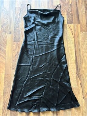 bebe Black Satin Midi Slip Dress with Spaghetti Straps Size M